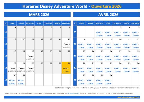 Infographie des horaires d'ouverture du parc Adventure World à compter du 29 mars 2026 avec les mois de mars et avril 2026